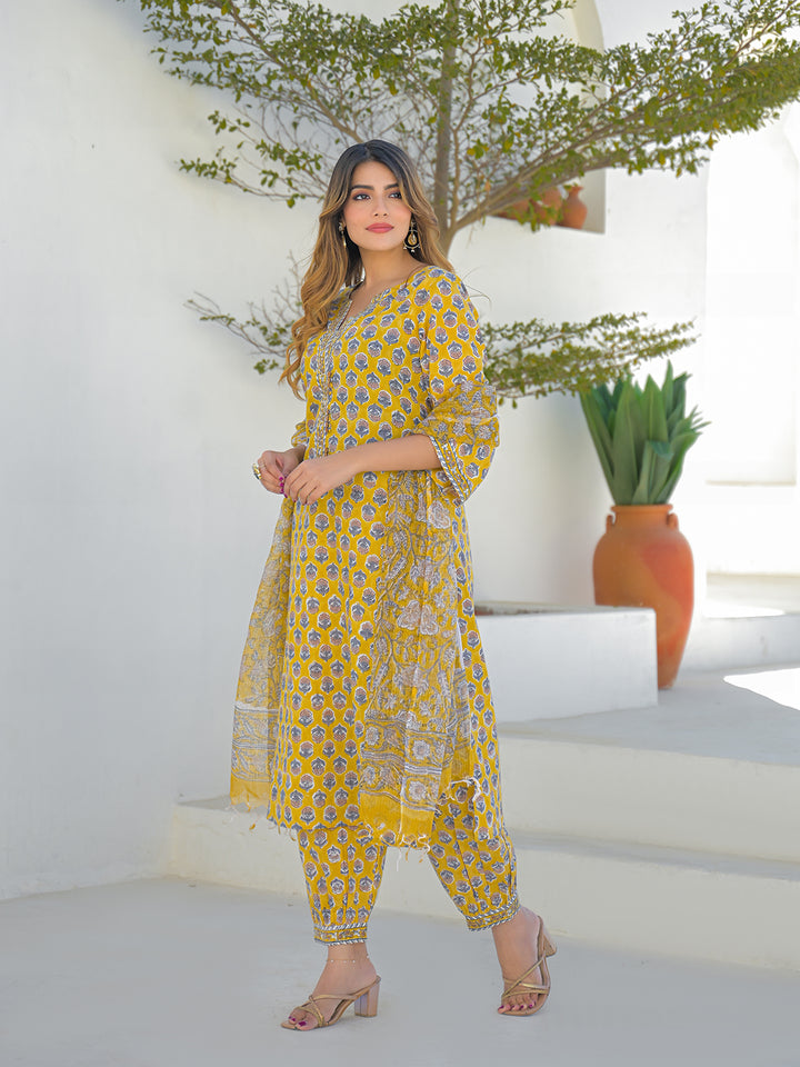Divena Mustard Hand Block Cotton Straight Kurta Pant Set With Dupatta