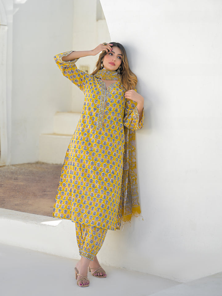 Divena Mustard Hand Block Cotton Straight Kurta Pant Set With Dupatta