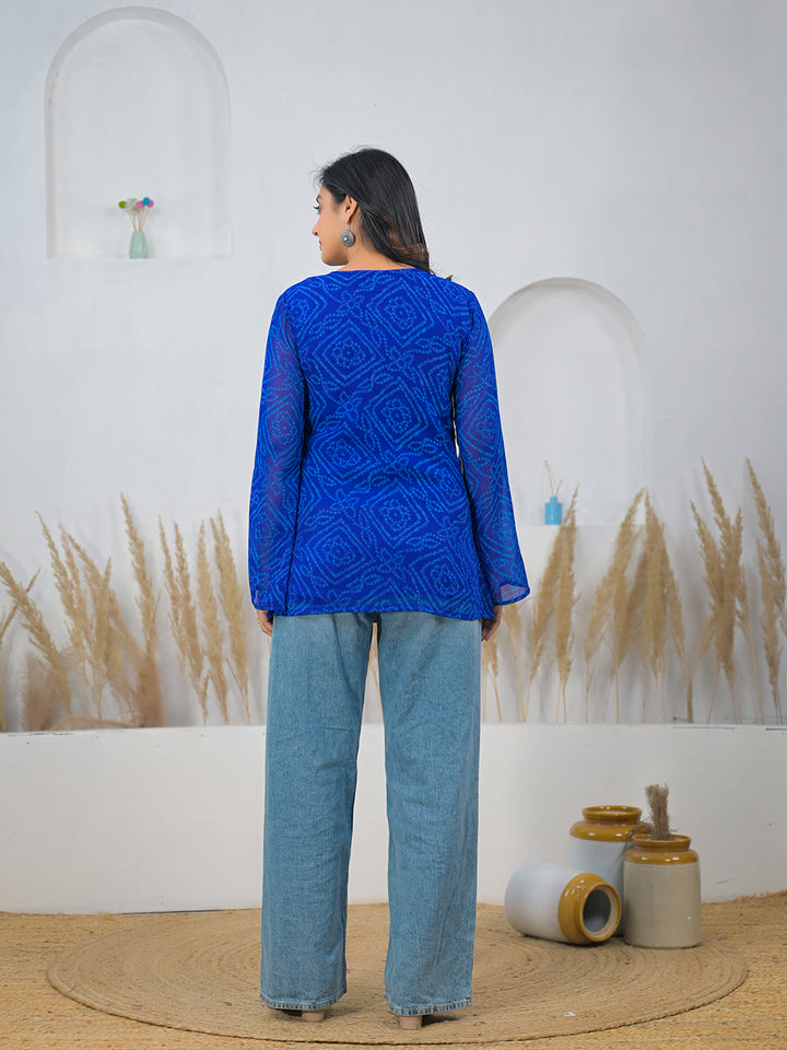 Divena Blue Bandhani Gotta Patti Work Geogratte V-Neck Top