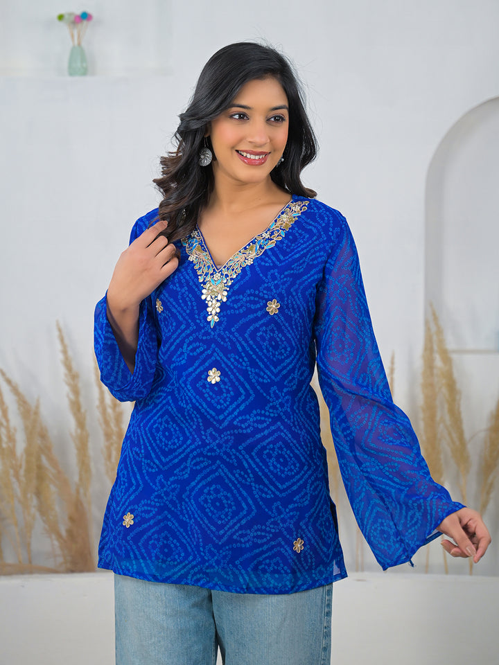 Divena Blue Bandhani Gotta Patti Work Geogratte V-Neck Top