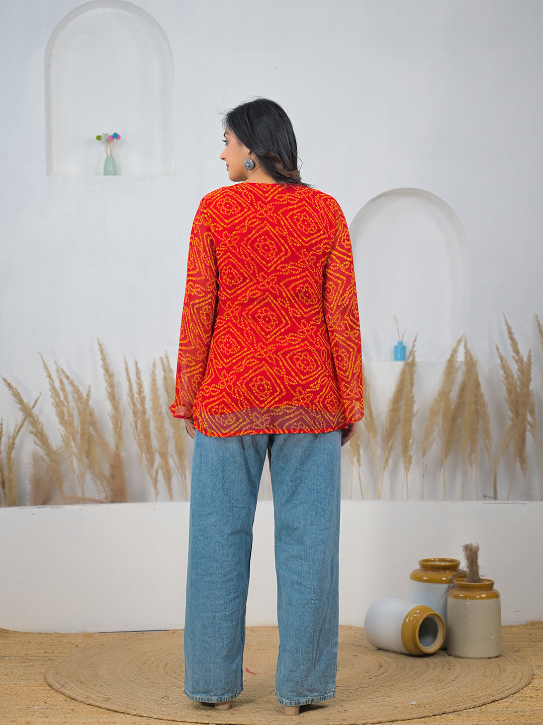 Divena Red Bandhani Gotta Patti Work Geogratte V-Neck Top