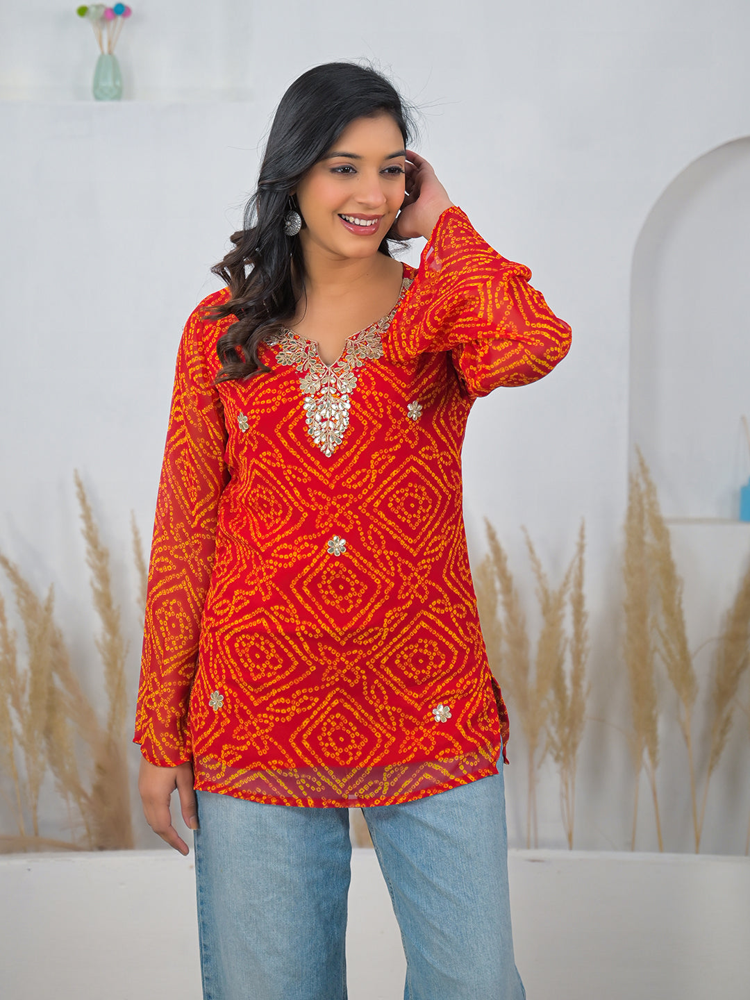 Divena Red Bandhani Gotta Patti Work Geogratte V-Neck Top