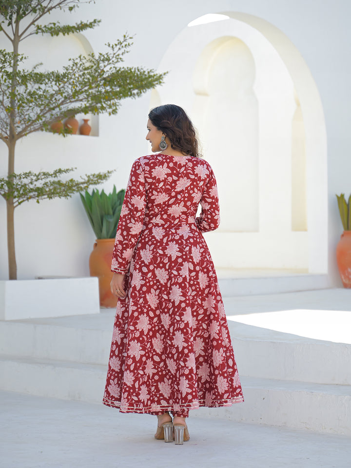 Divena Maroon Anarkali Angrakha Floral Cotton Kurta Pant Sets