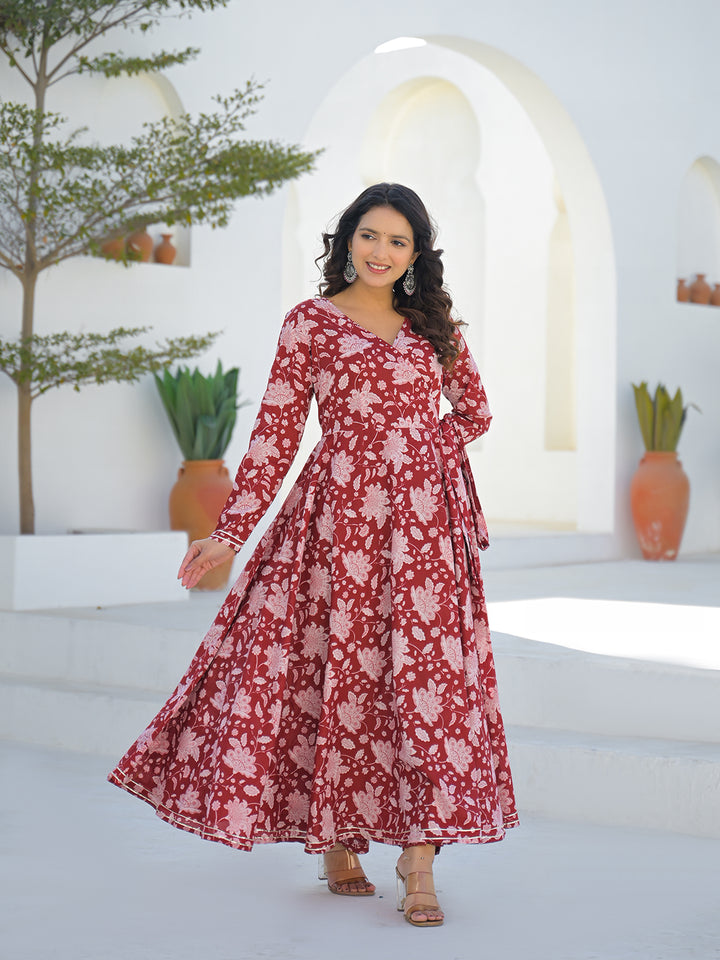 Divena Maroon Anarkali Angrakha Floral Cotton Kurta Pant Sets
