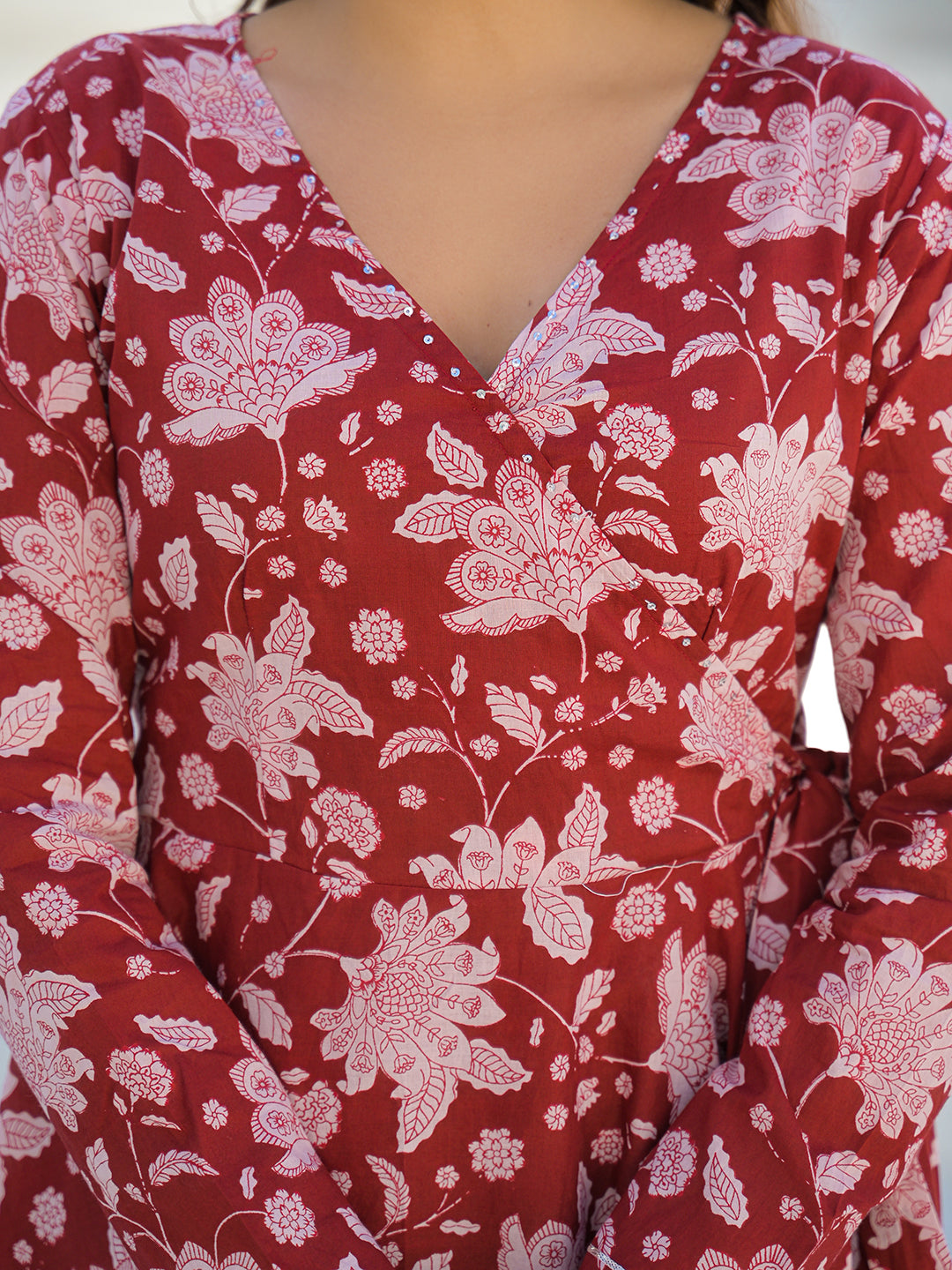 Divena Maroon Anarkali Angrakha Floral Cotton Kurta Pant Sets