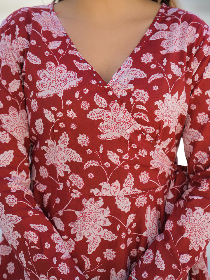 Divena Maroon Anarkali Angrakha Floral Cotton Kurta Pant Sets