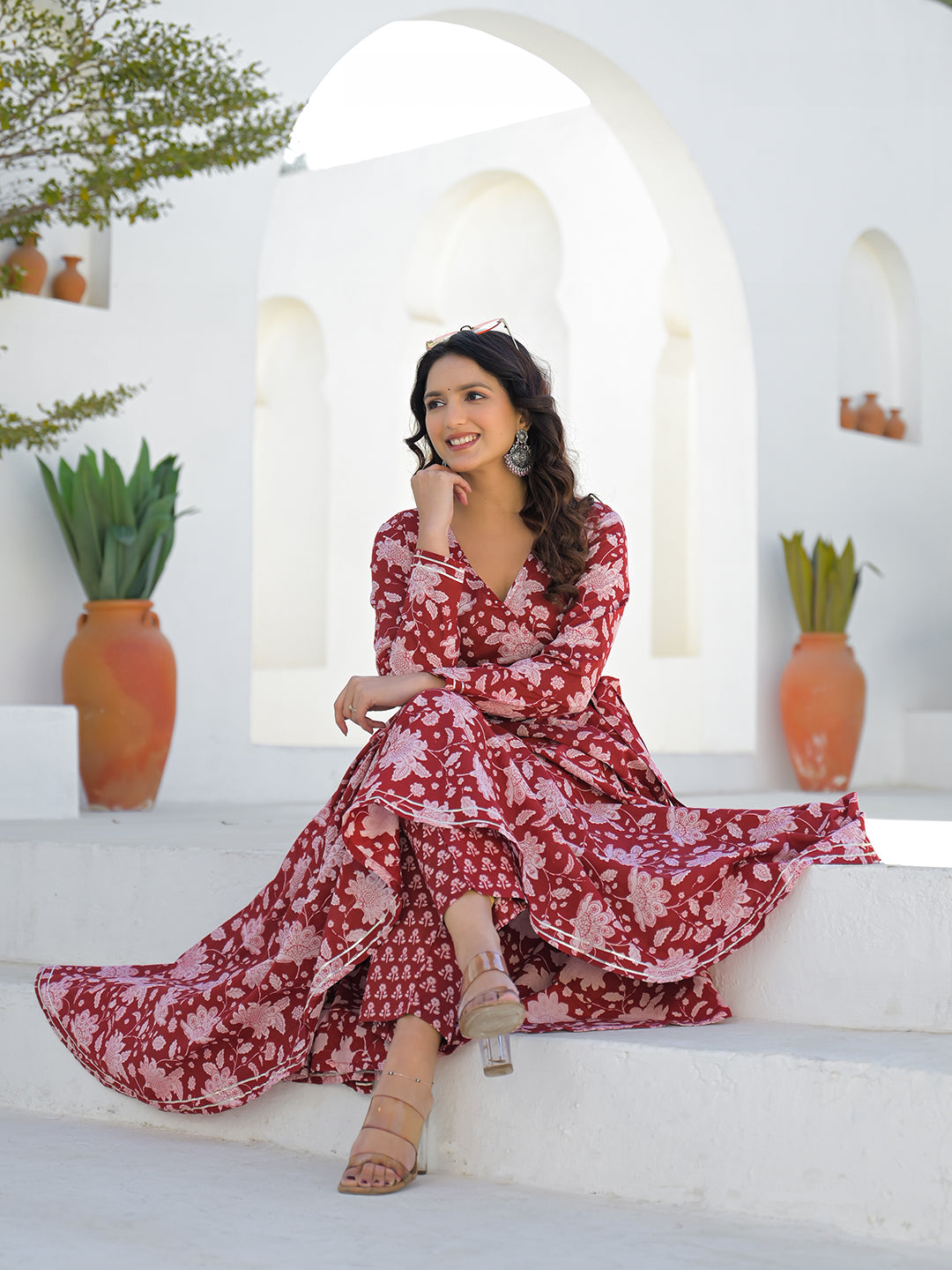 Divena Maroon Anarkali Angrakha Floral Cotton Kurta Pant Sets