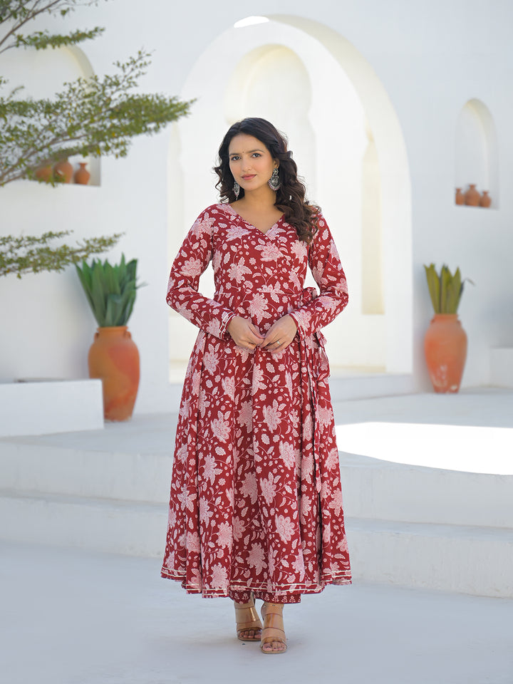 Divena Maroon Anarkali Angrakha Floral Cotton Kurta Pant Sets
