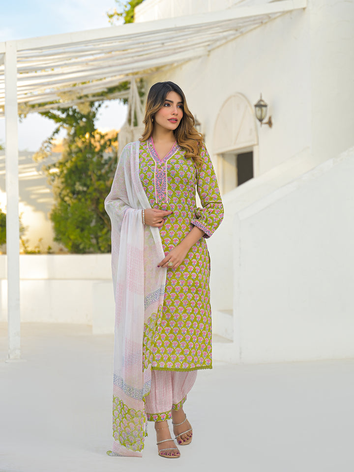 Divena Green Hand Block Cotton Straight Kurta Pant Set With Dupatta