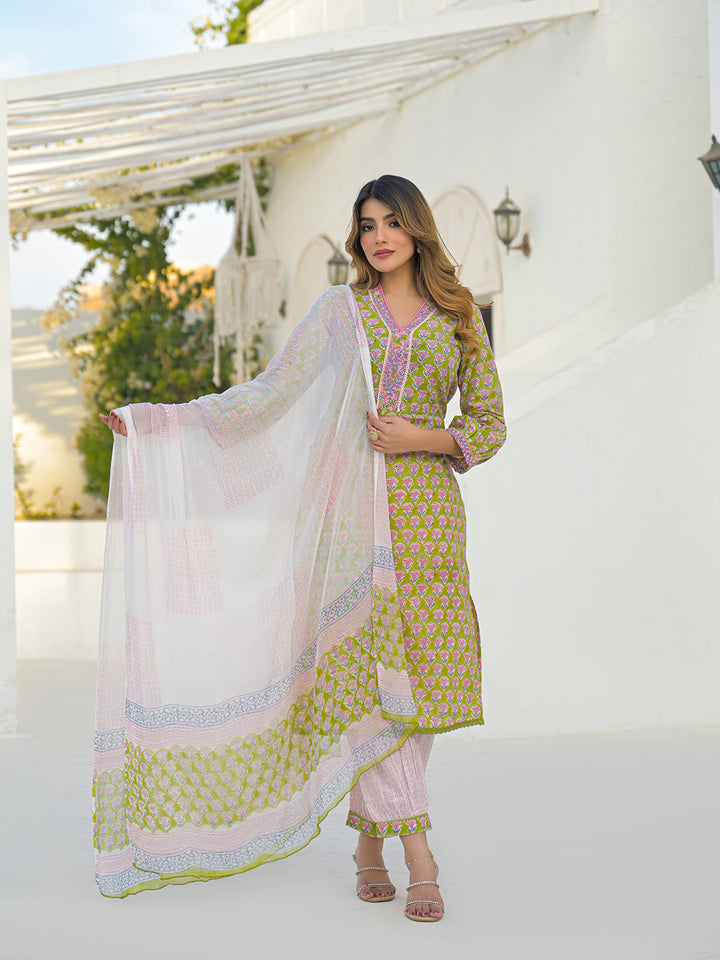 Divena Green Hand Block Cotton Straight Kurta Pant Set With Dupatta