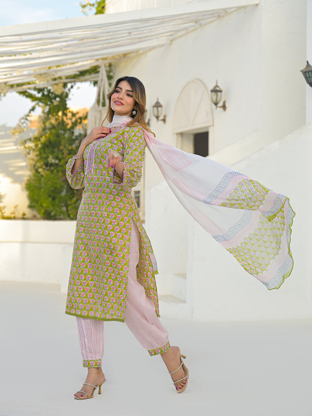 Divena Green Hand Block Cotton Straight Kurta Pant Set With Dupatta