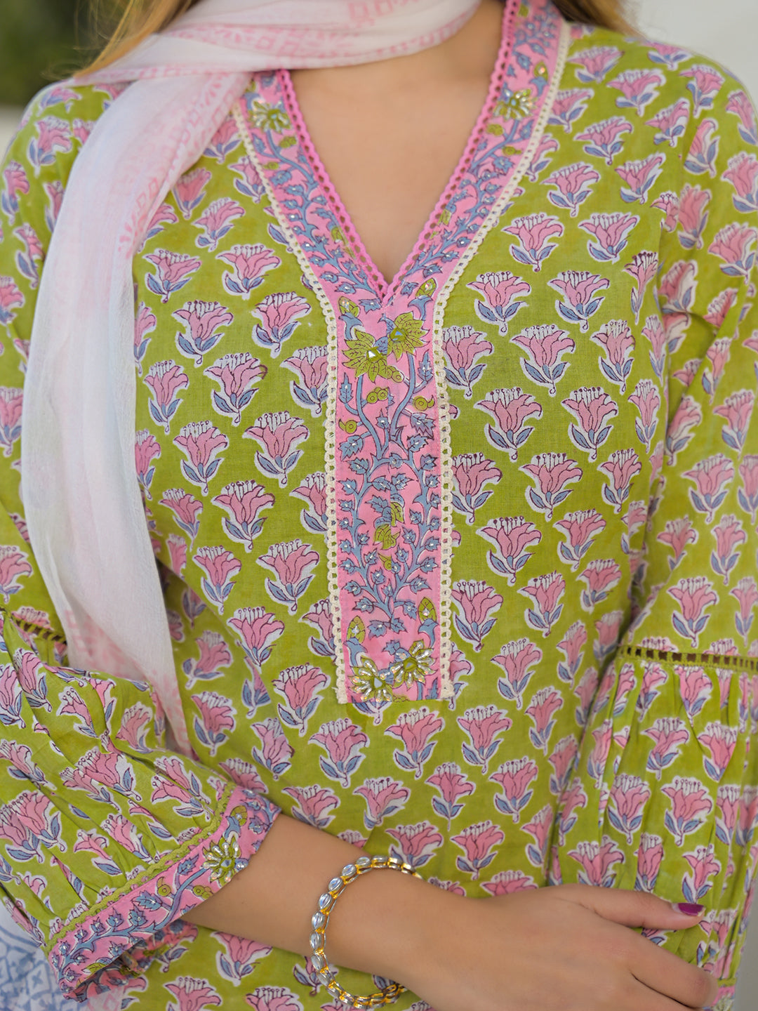 Divena Green Hand Block Cotton Straight Kurta Pant Set With Dupatta