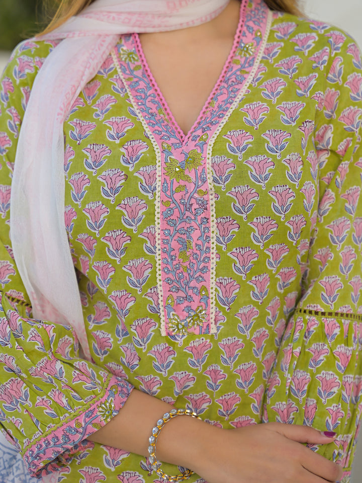 Divena Green Hand Block Cotton Straight Kurta Pant Set With Dupatta