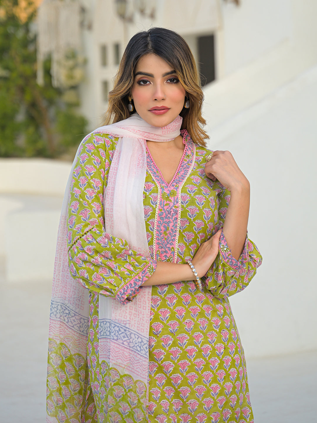 Divena Green Hand Block Cotton Straight Kurta Pant Set With Dupatta