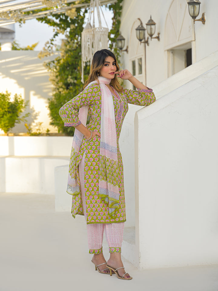 Divena Green Hand Block Cotton Straight Kurta Pant Set With Dupatta