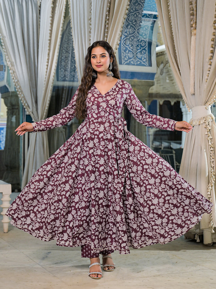 Divena Burgundy Floral Print Cotton Anarkali Kurta Pant Set