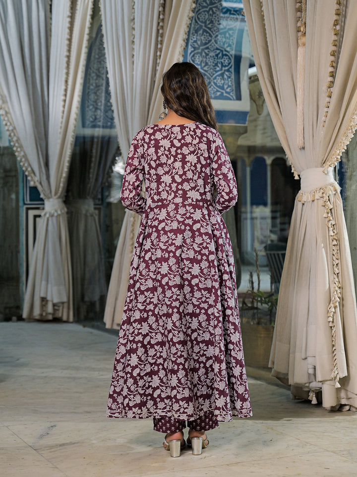 Divena Burgundy Floral Print Cotton Anarkali Kurta Pant Set