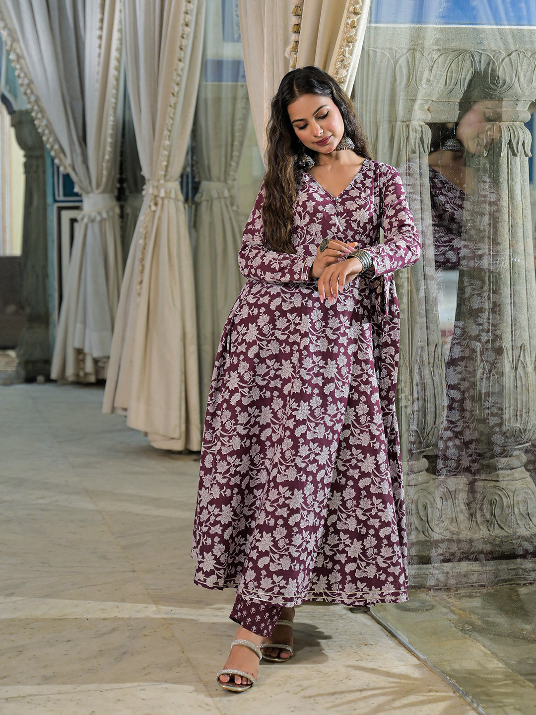 Divena Burgundy Floral Print Cotton Anarkali Kurta Pant Set