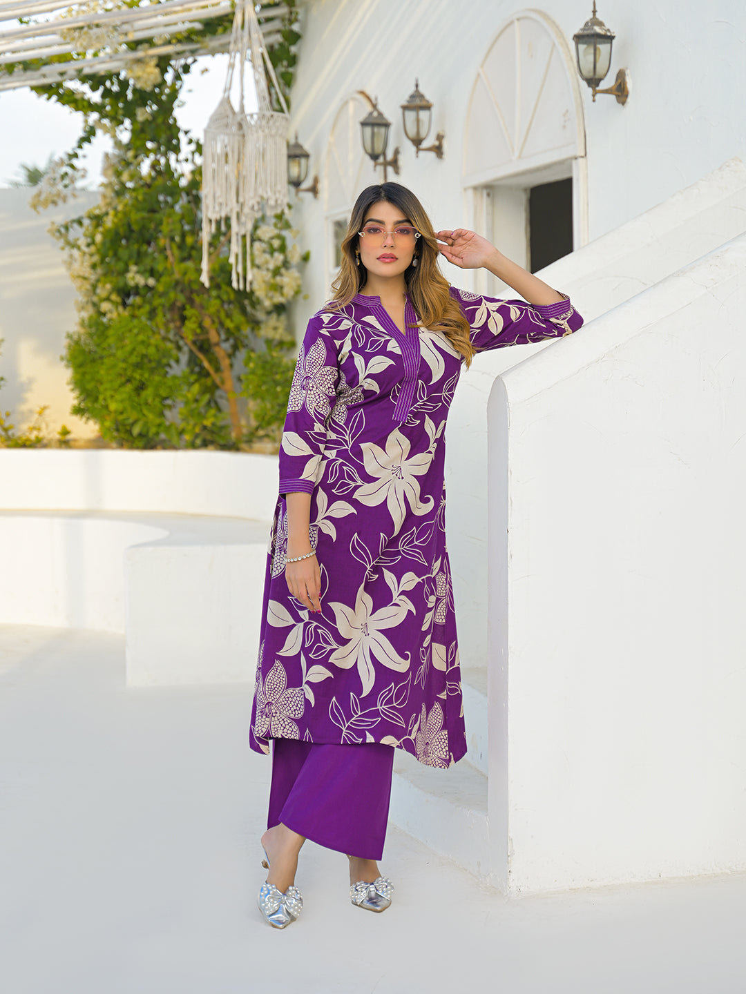 Divena Purple V Neck A-Line Cotton Kurta Pant Sets