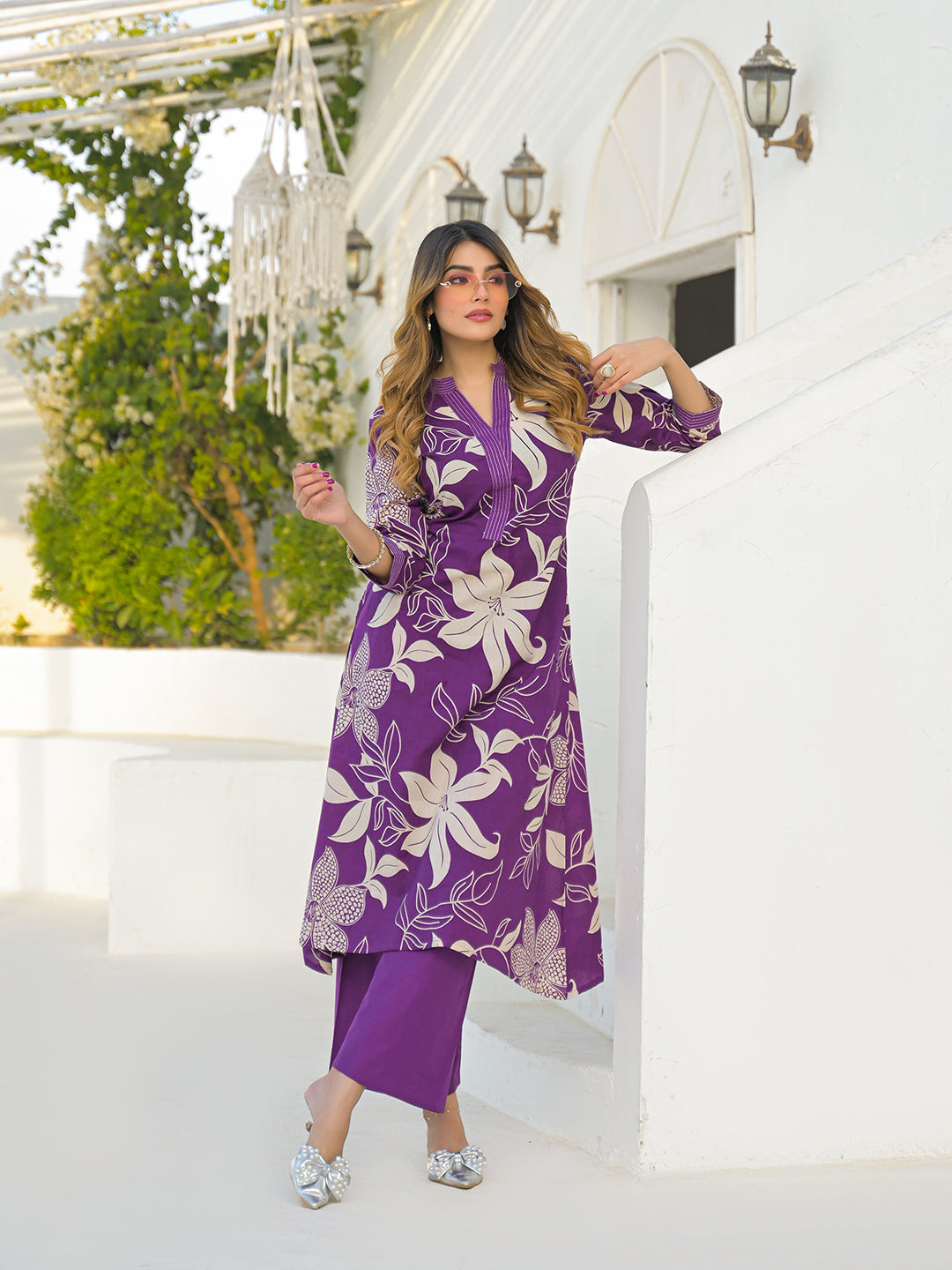 Divena Purple V Neck A-Line Cotton Kurta Pant Sets