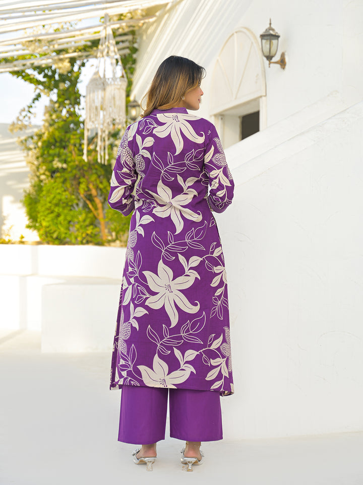 Divena Purple V Neck A-Line Cotton Kurta Pant Sets