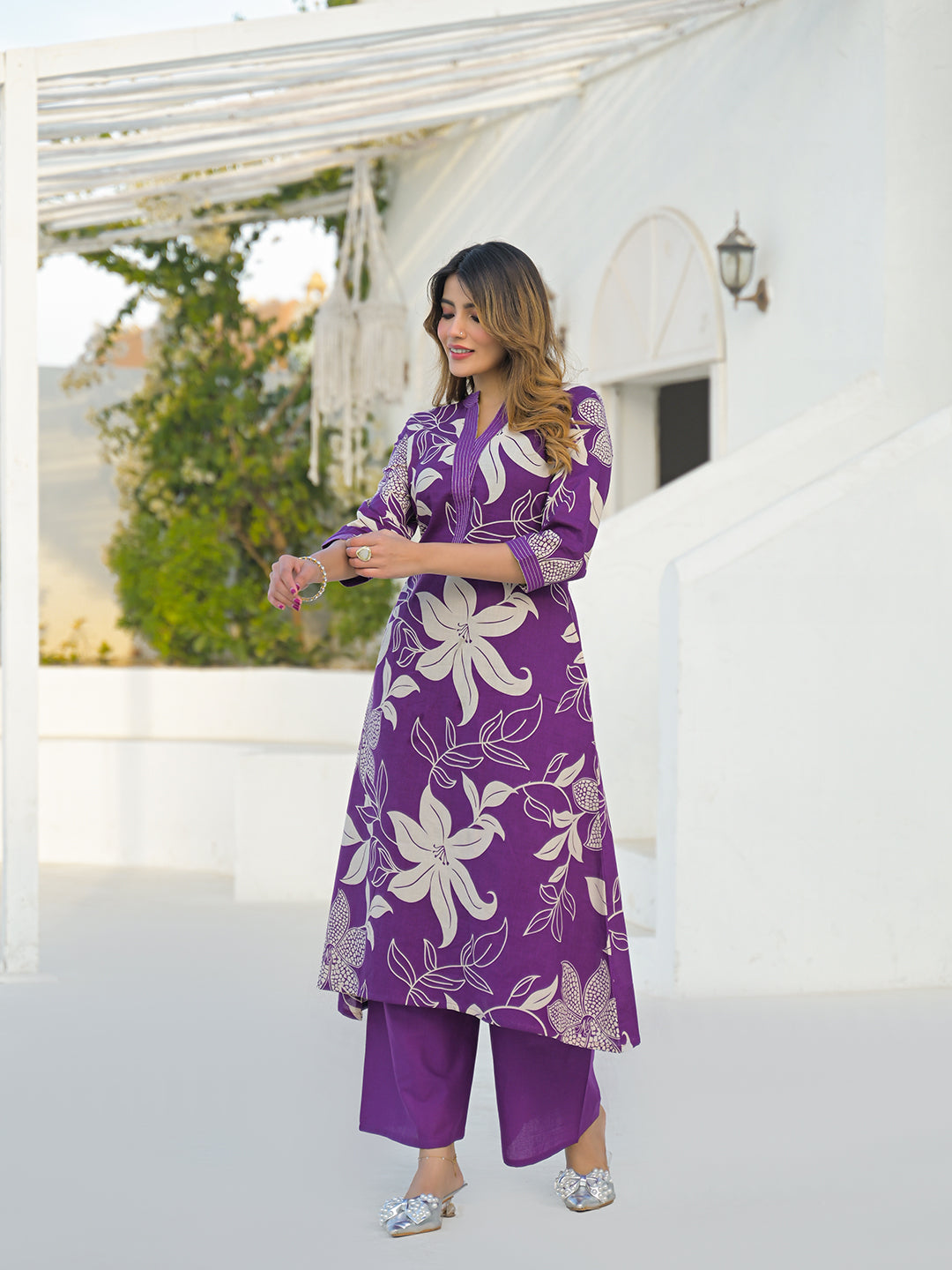 Divena Purple V Neck A-Line Cotton Kurta Pant Sets