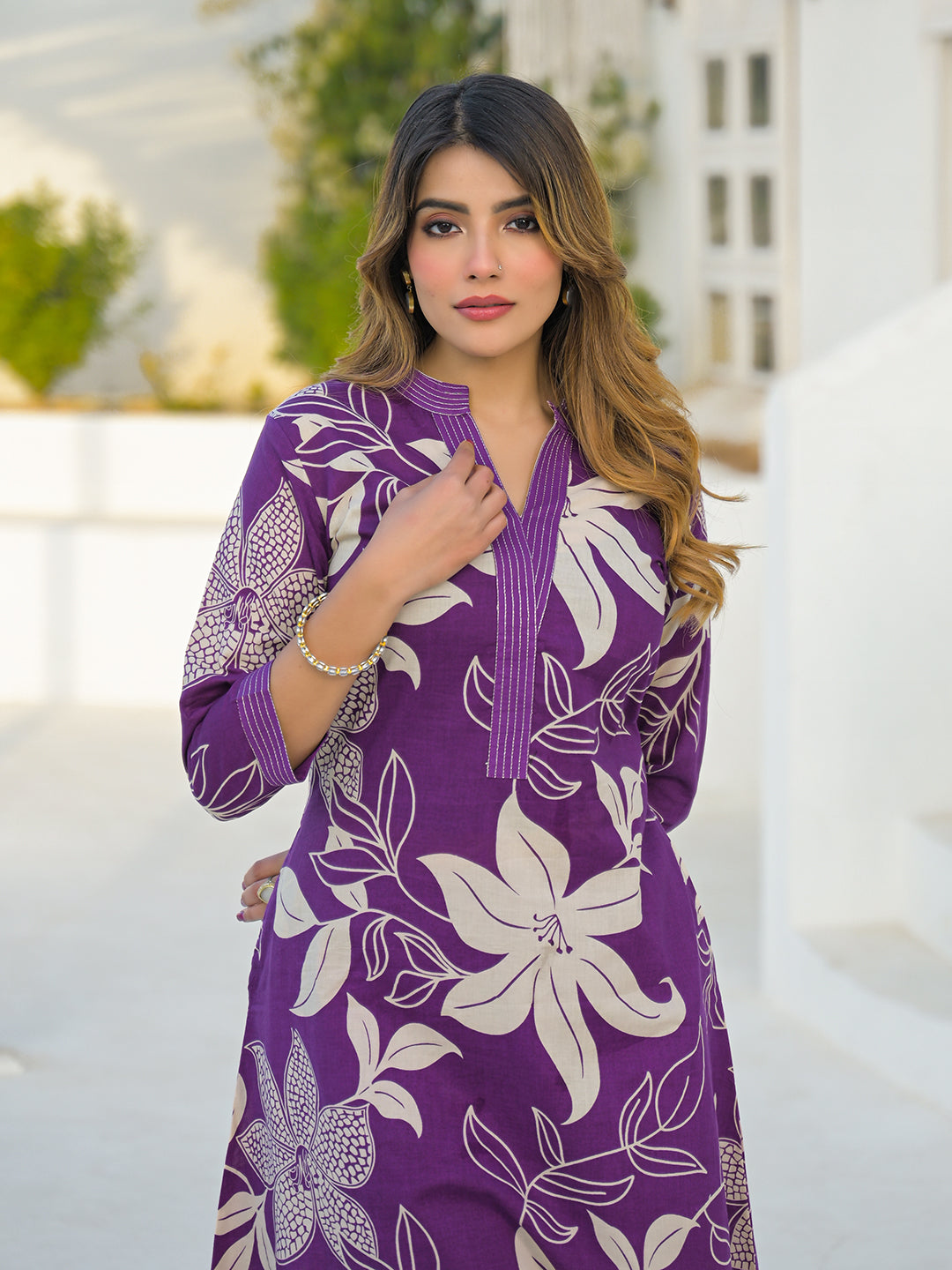 Divena Purple V Neck A-Line Cotton Kurta Pant Sets