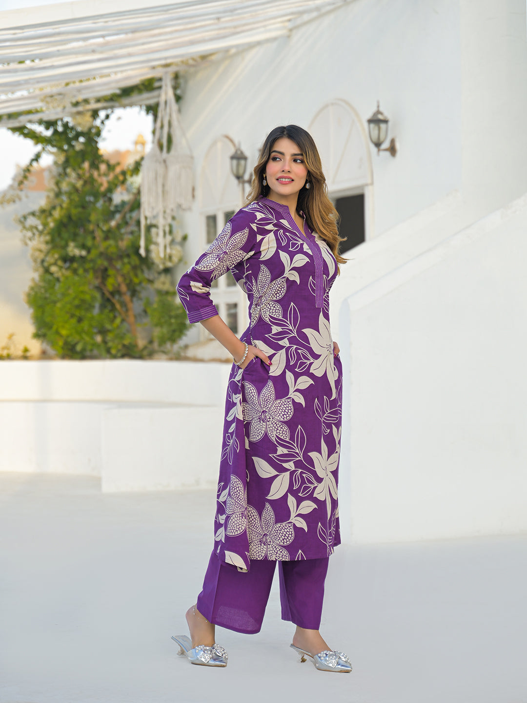 Divena Purple V Neck A-Line Cotton Kurta Pant Sets