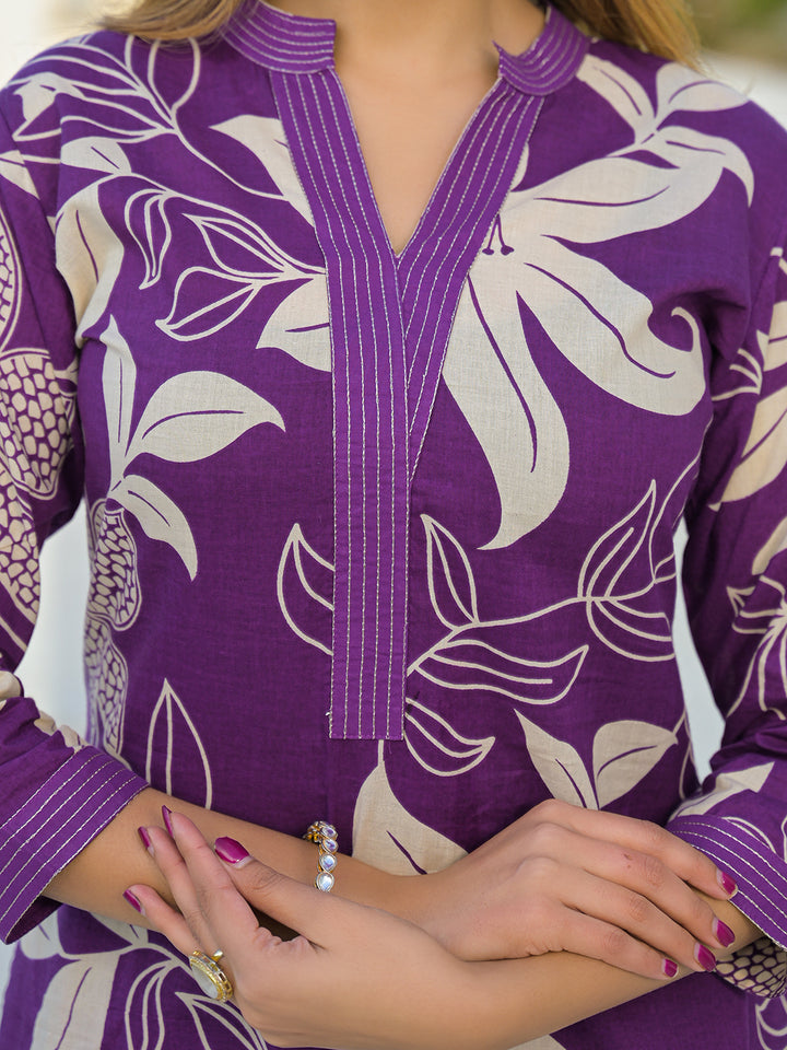 Divena Purple V Neck A-Line Cotton Kurta Pant Sets