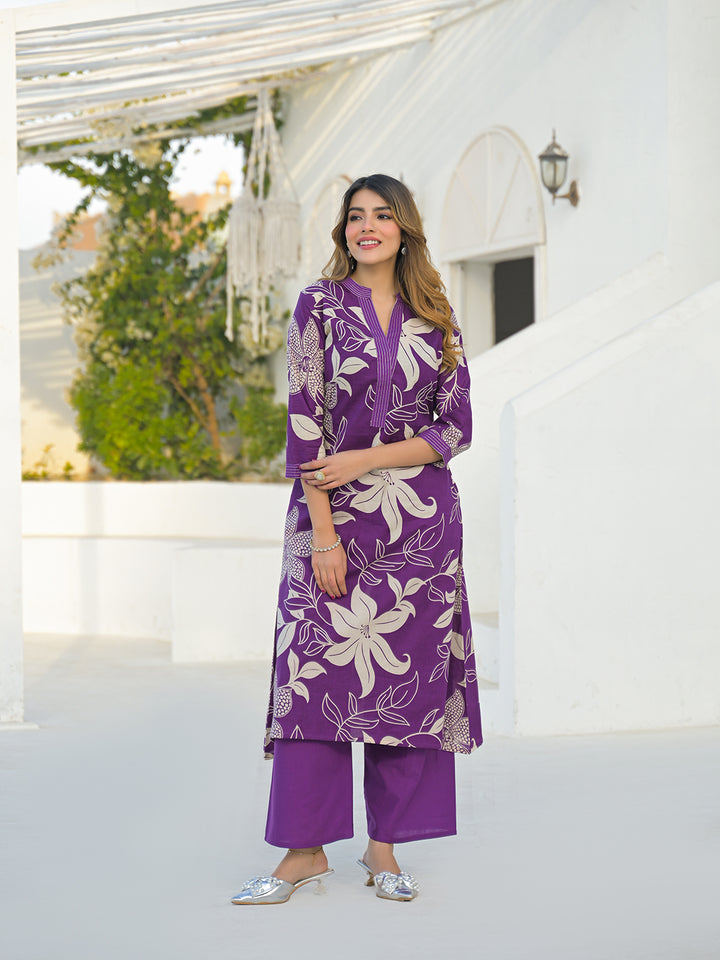 Divena Purple V Neck A-Line Cotton Kurta Pant Sets