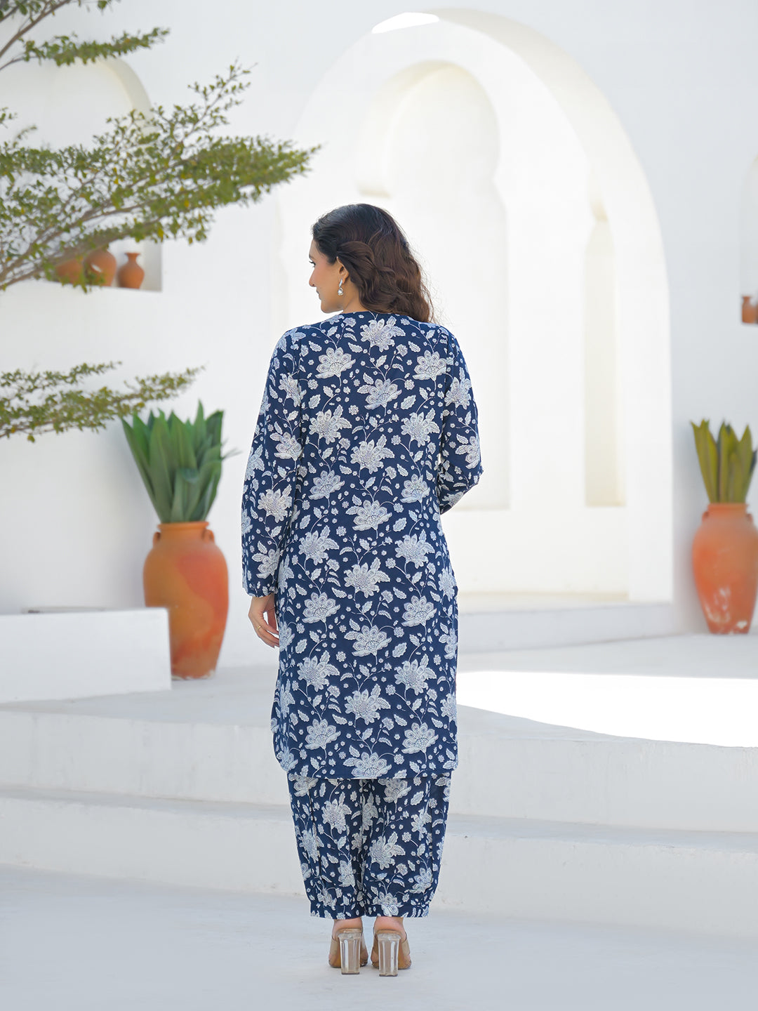 Divena Blue Curved Hem Cotton Kurta Pant Sets