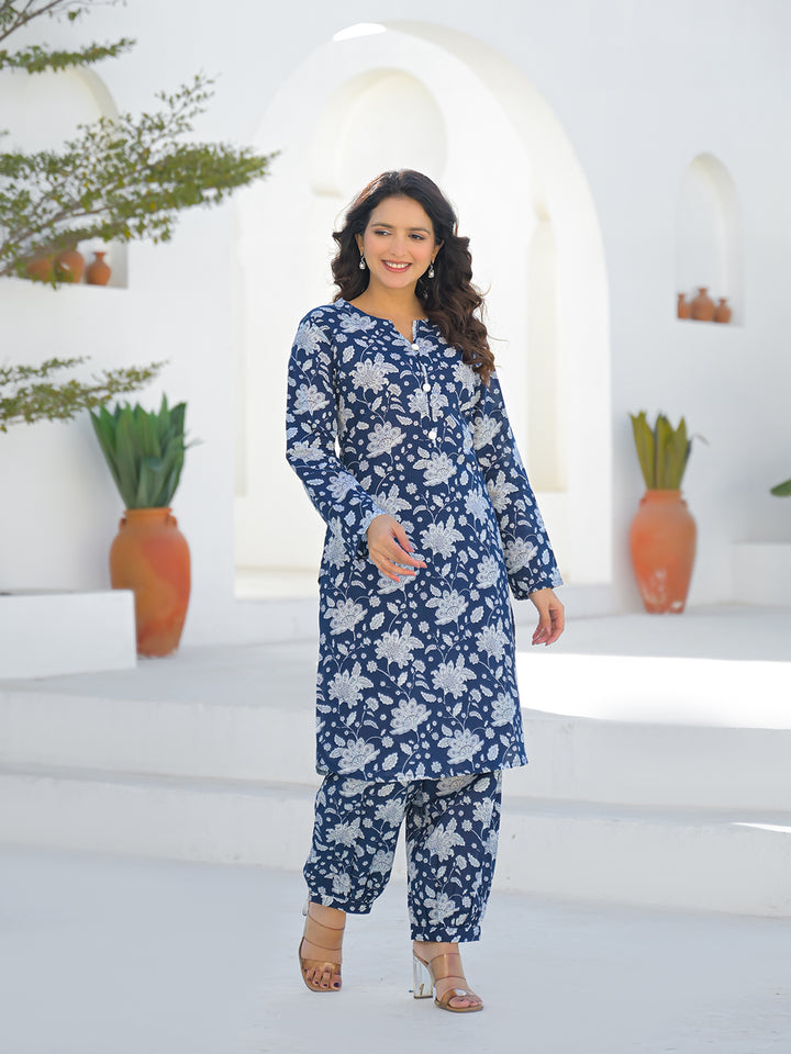 Divena Blue Curved Hem Cotton Kurta Pant Sets