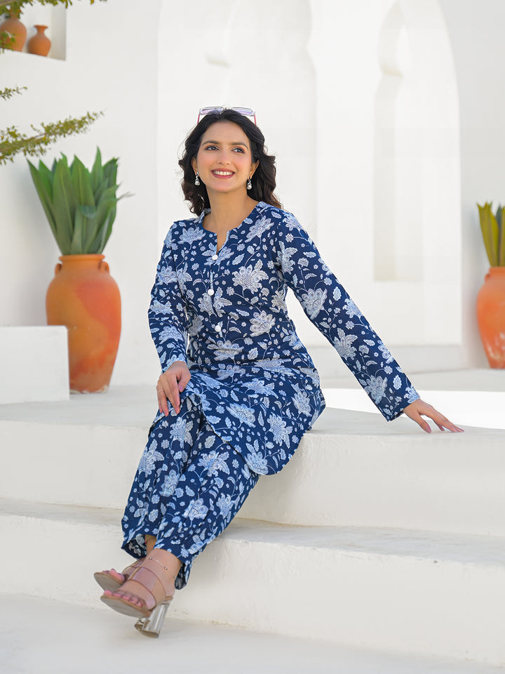 Divena Blue Curved Hem Cotton Kurta Pant Sets