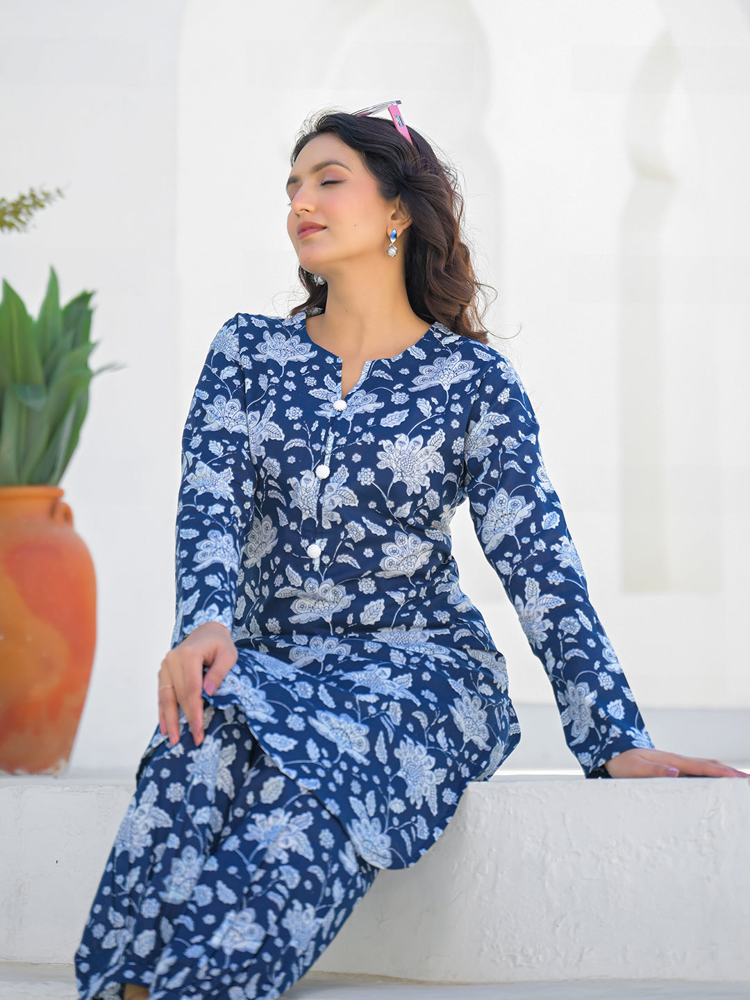 Divena Blue Curved Hem Cotton Kurta Pant Sets