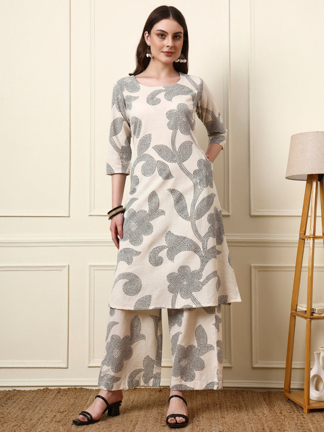 Divena Off White Cotton Round Neck Kurta Palazzo Set