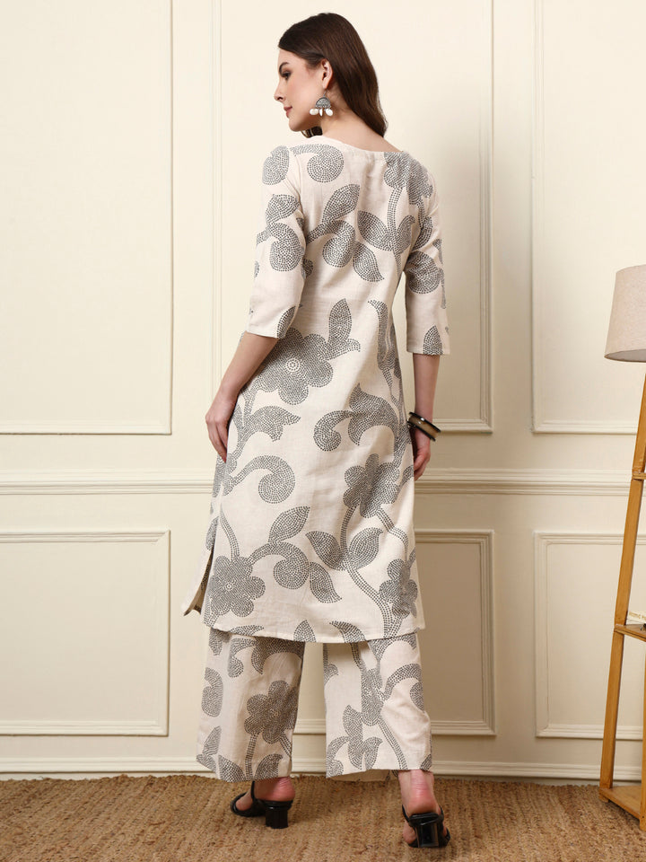 Divena Off White Cotton Round Neck Kurta Palazzo Set