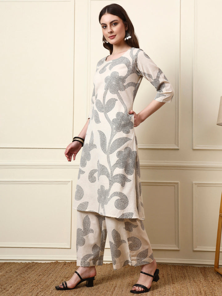 Divena Off White Cotton Round Neck Kurta Palazzo Set