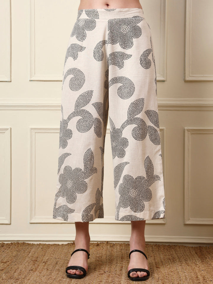 Divena Off White Cotton Round Neck Kurta Palazzo Set