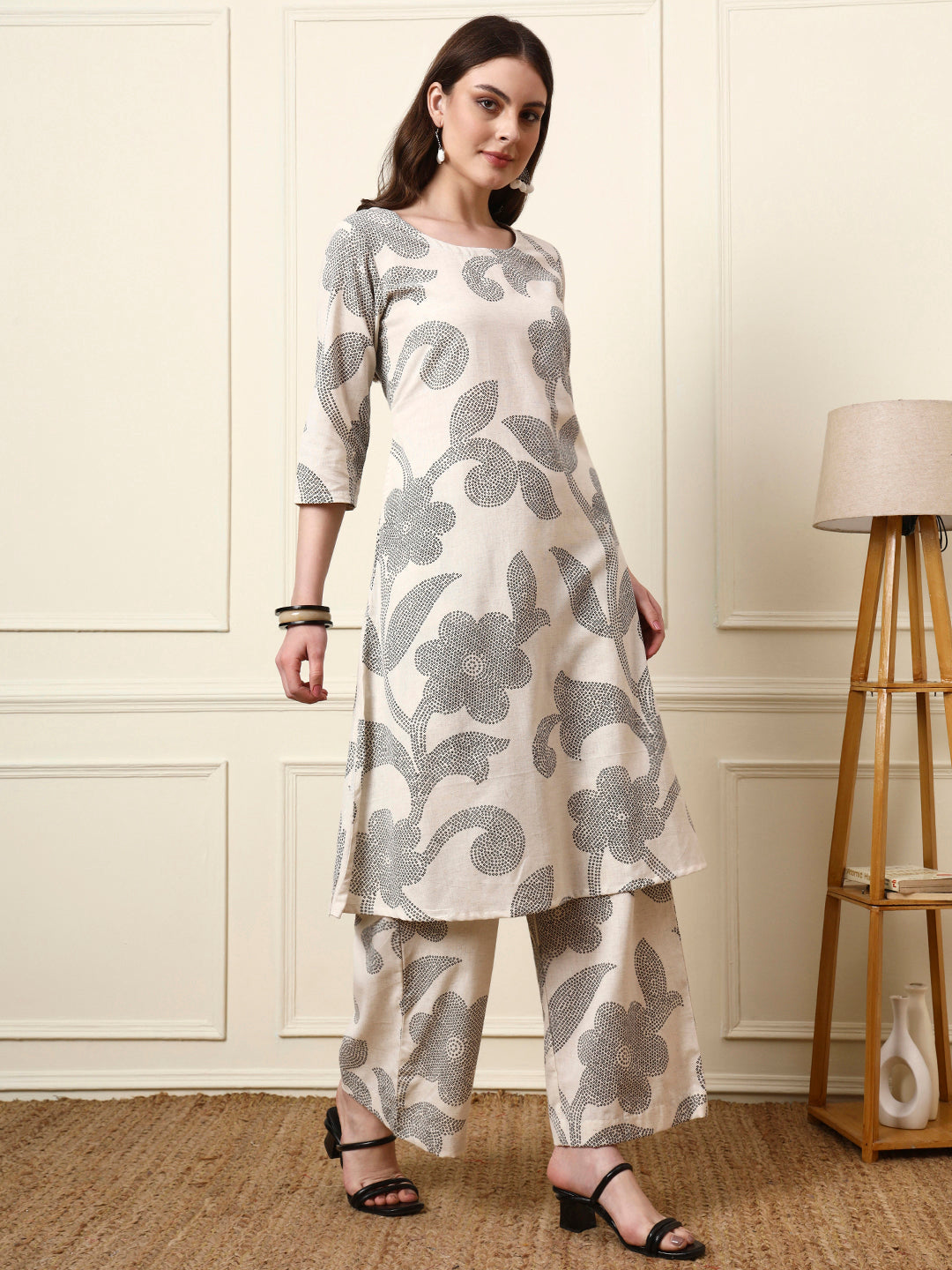 Divena Off White Cotton Round Neck Kurta Palazzo Set