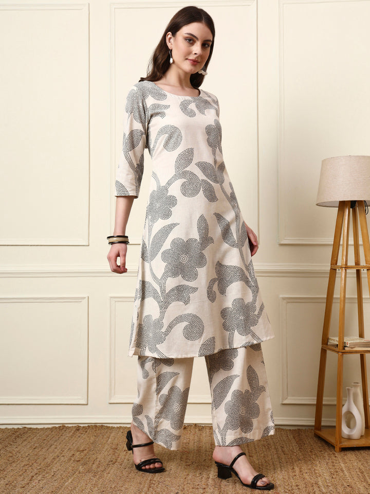 Divena Off White Cotton Round Neck Kurta Palazzo Set