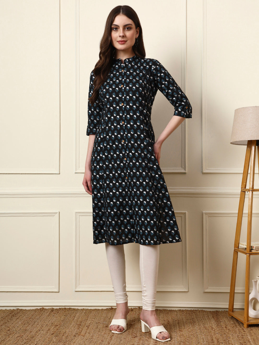 Divena Black Mandarin Collar Floral Cotton A-Line Kurta