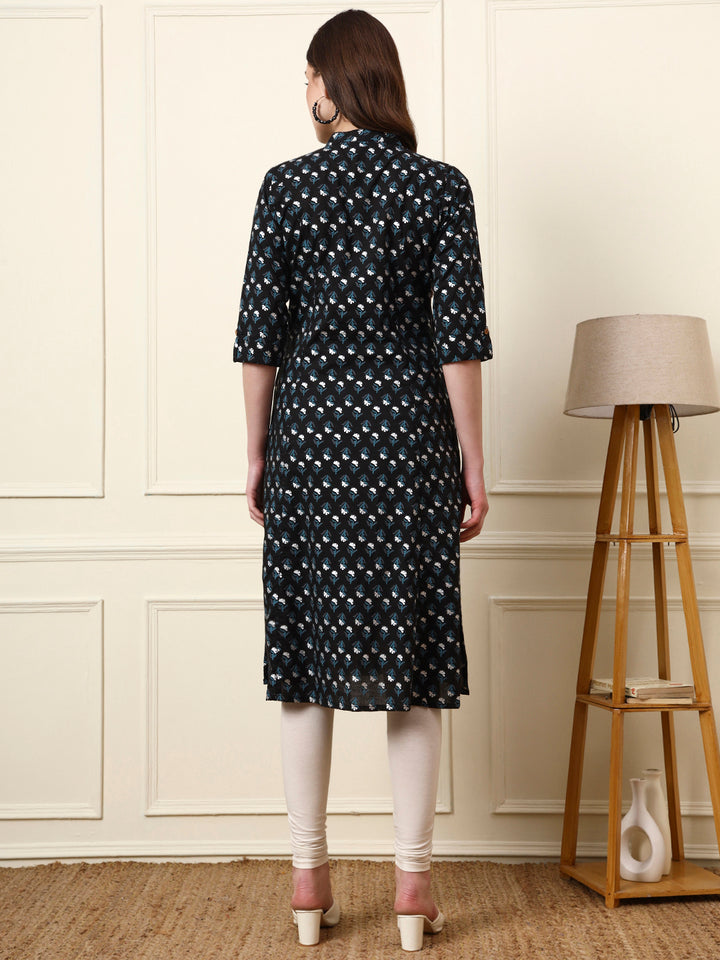 Divena Black Mandarin Collar Floral Cotton A-Line Kurta