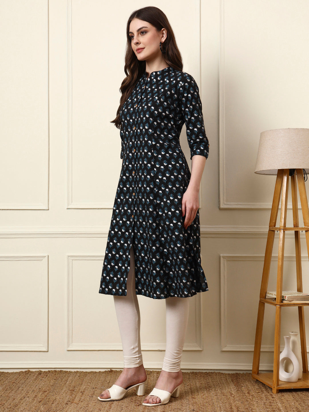 Divena Black Mandarin Collar Floral Cotton A-Line Kurta