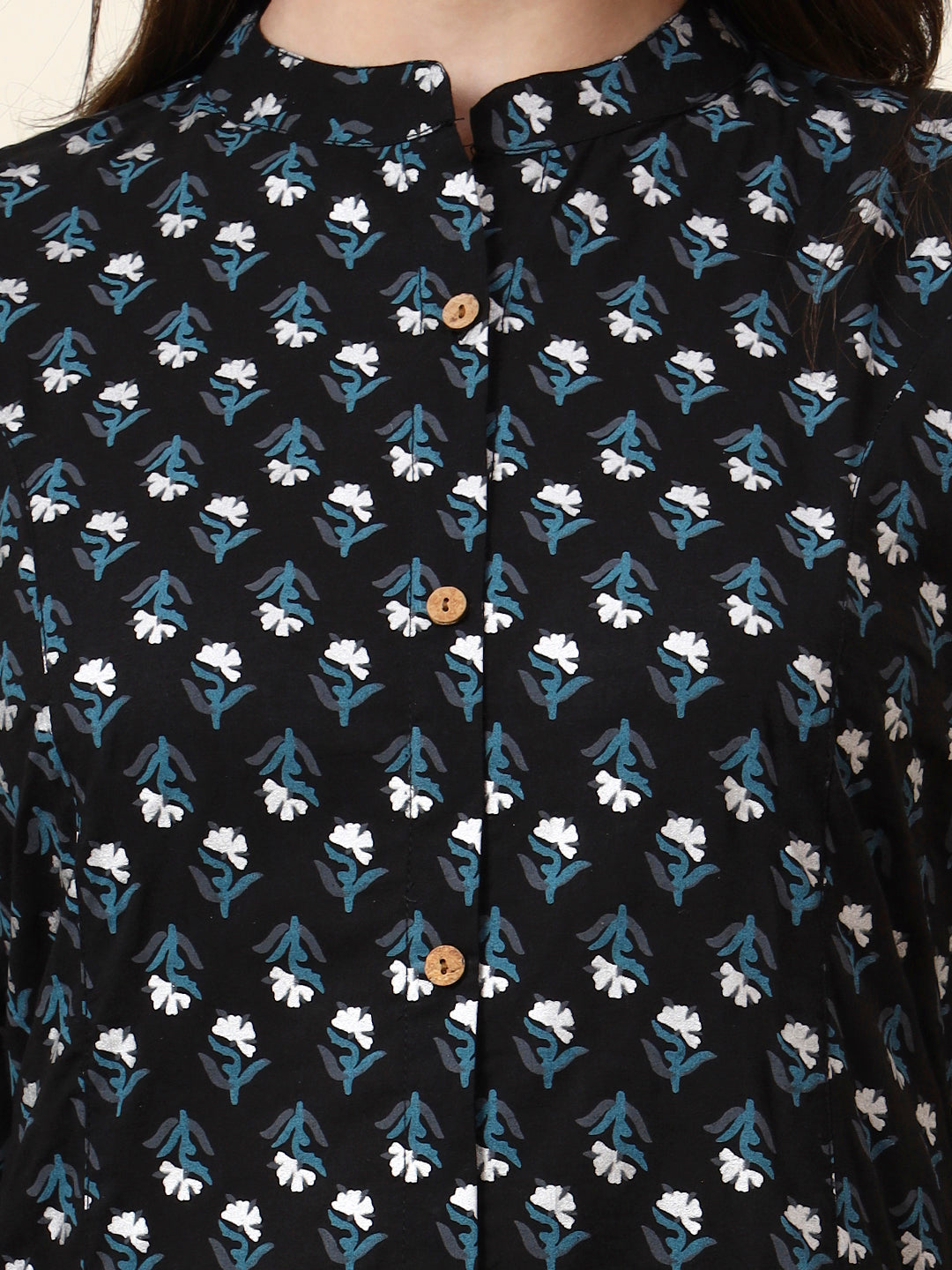 Divena Black Mandarin Collar Floral Cotton A-Line Kurta