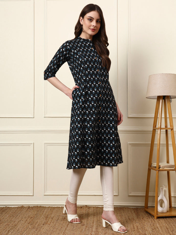 Divena Black Mandarin Collar Floral Cotton A-Line Kurta