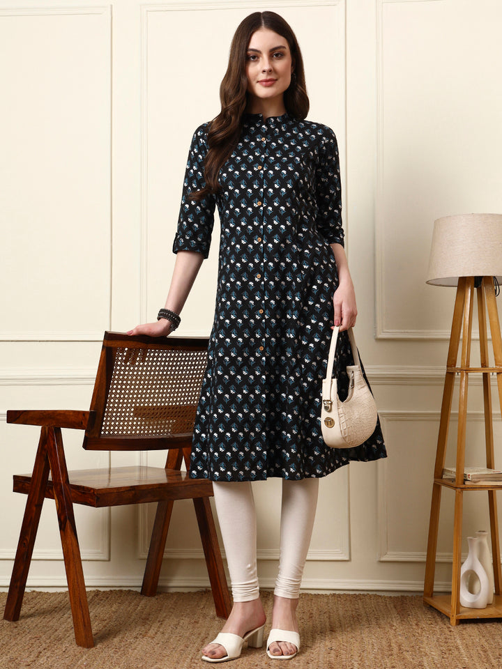 Divena Black Mandarin Collar Floral Cotton A-Line Kurta