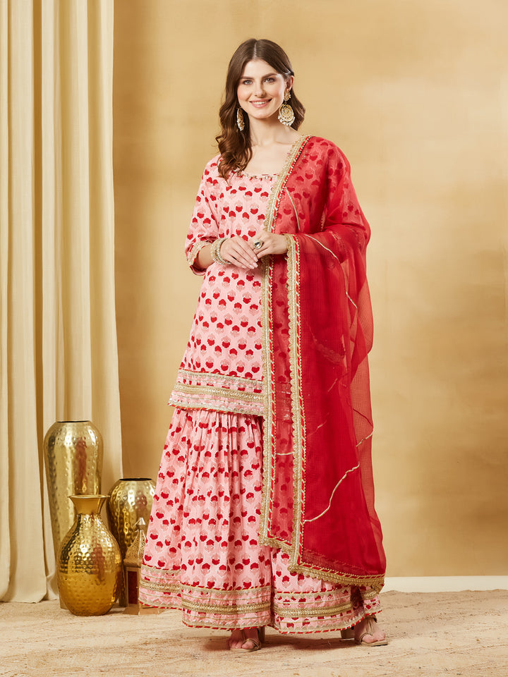 Divena Pink Hand Block Cotton Kurta Sharara Set with Dupatta