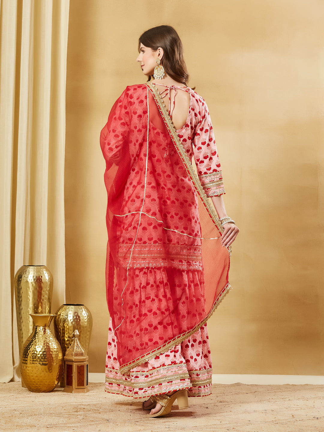Divena Pink Hand Block Cotton Kurta Sharara Set with Dupatta
