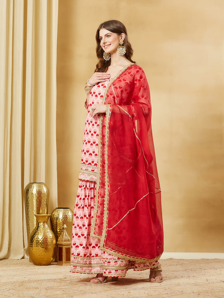 Divena Pink Hand Block Cotton Kurta Sharara Set with Dupatta