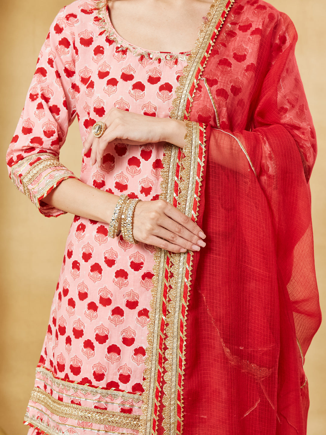 Divena Pink Hand Block Cotton Kurta Sharara Set with Dupatta